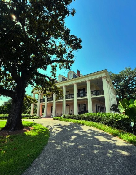 The Oak Alley Big House seen from the formal garden, its colonnade and upper gallery framed by trees