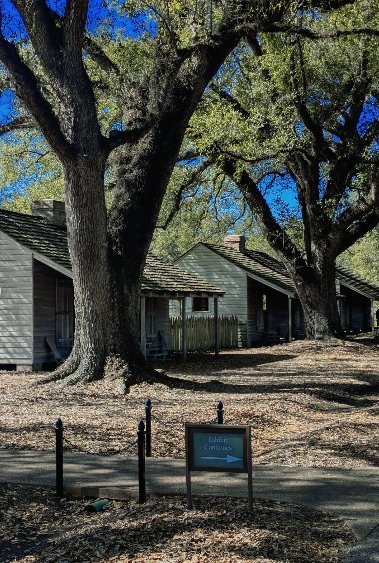 Reconstructed slave quarters under the oaks at Oak Alley Plantation